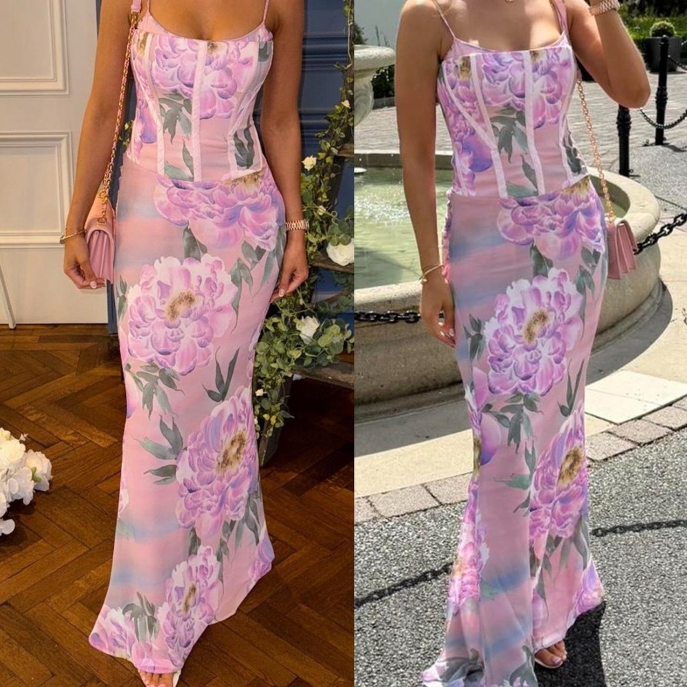 House of CB Antonia Pink Floral Corset Maxi Dress NWOT size XS Tall - Picture 5 of 16